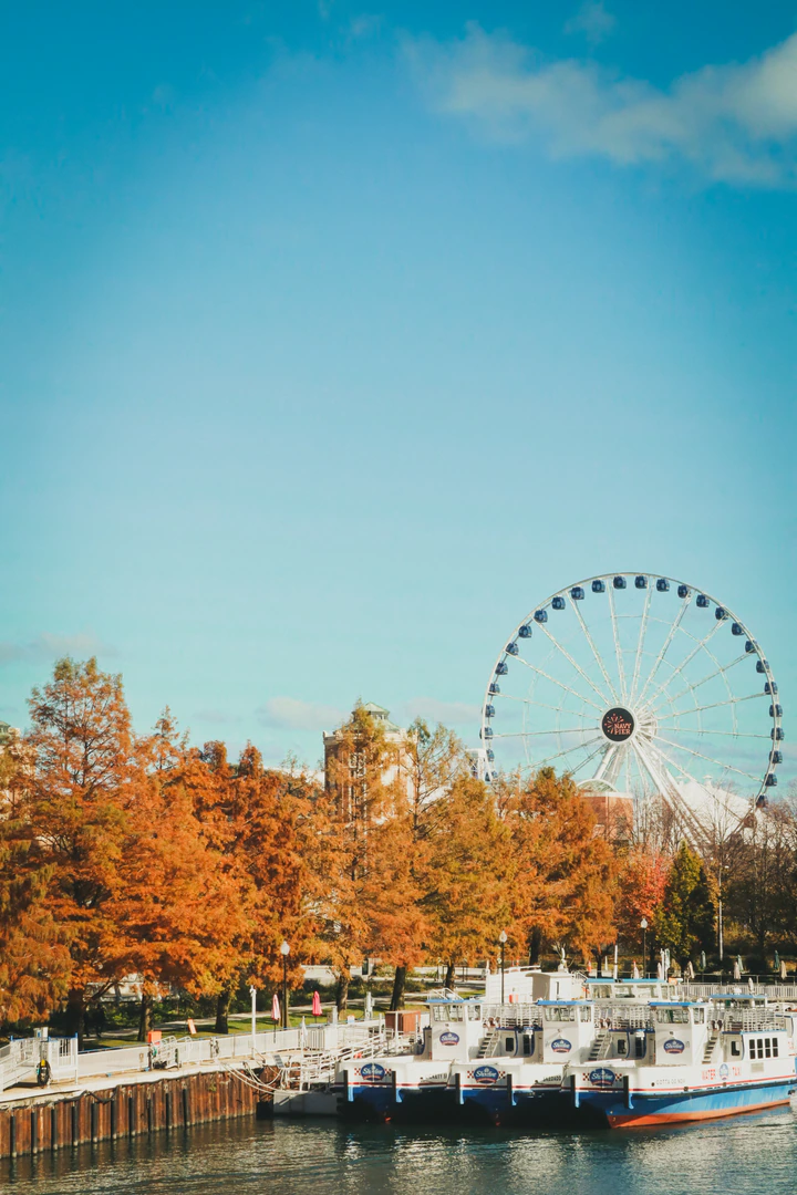 A Ferris wheel and autumn trees along the water